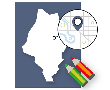 Grafik mit Umriss Verbandsgebiet, zwei Stiften und einer Lupe