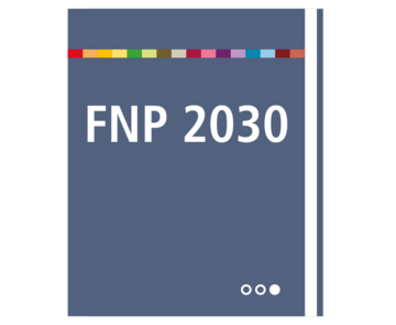 Grafik einer Broschüre blauer Hintergrund mit Farbband und Beschriftung Flächennutzungsplan 2030