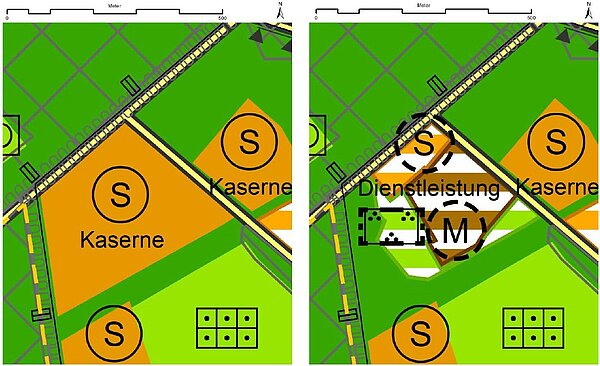 Zeichnerische Gegenüberstellung der bestehenden und geplanten Darstellung der Einzeländerung