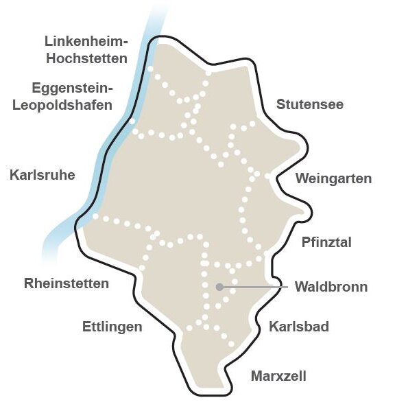 Karte vom Nachbarschaftsverband Karlsruhe mit den elf Mitgliedsgemeinden